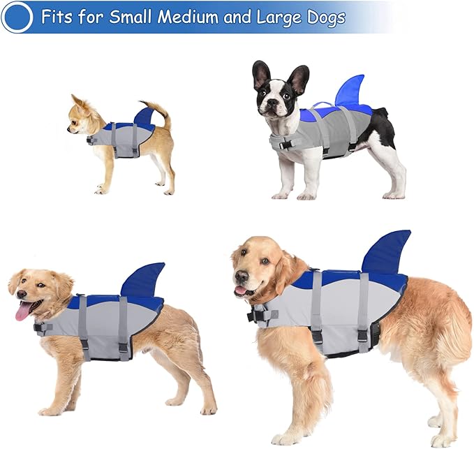 Dogcheer Dog Life Jacket Shark, Adjustable Dog Swim Life Vest for Swimming Boating with Superior Buoyancy & Rescue Handle, Ripstop Pet Float Vest Coat for Small Medium Large Dogs - Blue, L