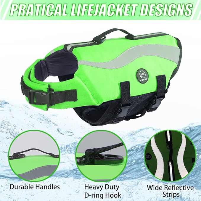 EMUST Life Jacket for Large Dogs, Dog Life Vest for Small/Medium/Large Dogs with Double Rescue Handles, High Reflective Dog Life Preserver for Swimming, Green,L