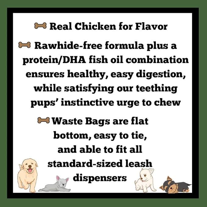 Dog Chews Bundles for Puppies and Small Dogs, Rawhide Free Alternative 5 inch Puppy Sticks Bundle with 1 Waste Bag Roll, Dental Treats for Moderate Chewers (Chicken, 3.5 oz)