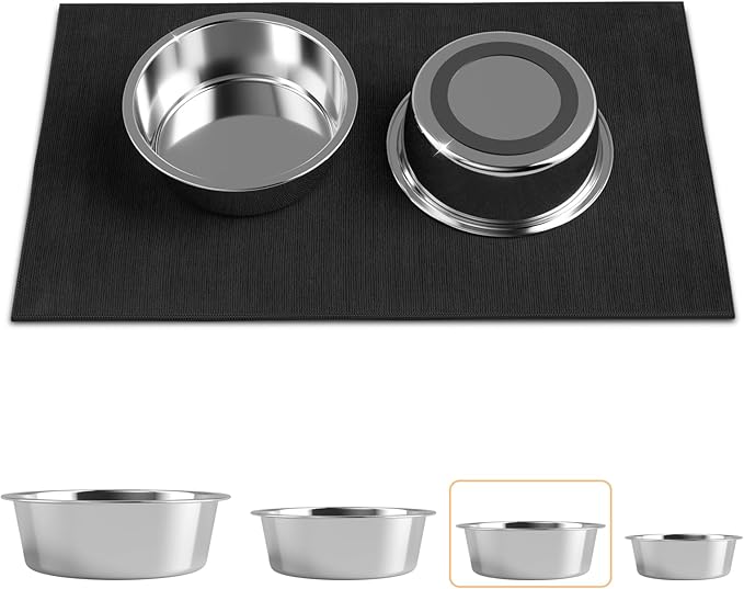 Stainless Steel Dog Bowls with Mat - Nonslip EVA Rubber Bottom, Food & Water Bowl for Dogs, Cats - Dishwasher Safe