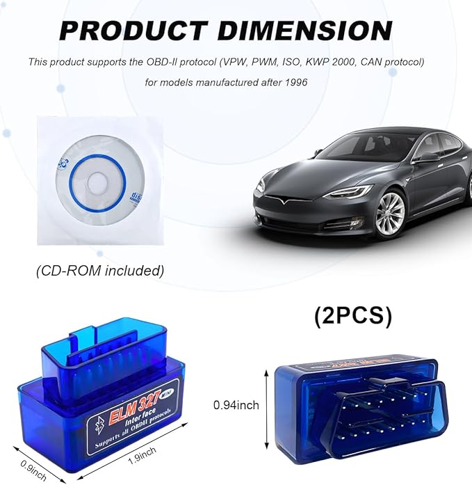 2 PCS ELM327 OBDII Car Auto Diagnostic Scanner, Professional Mini Bluetooth Scan Tool Engine Fault Code Reader, Wireless Failure Detector Interface Adapter for Most OBD II Vehicles
