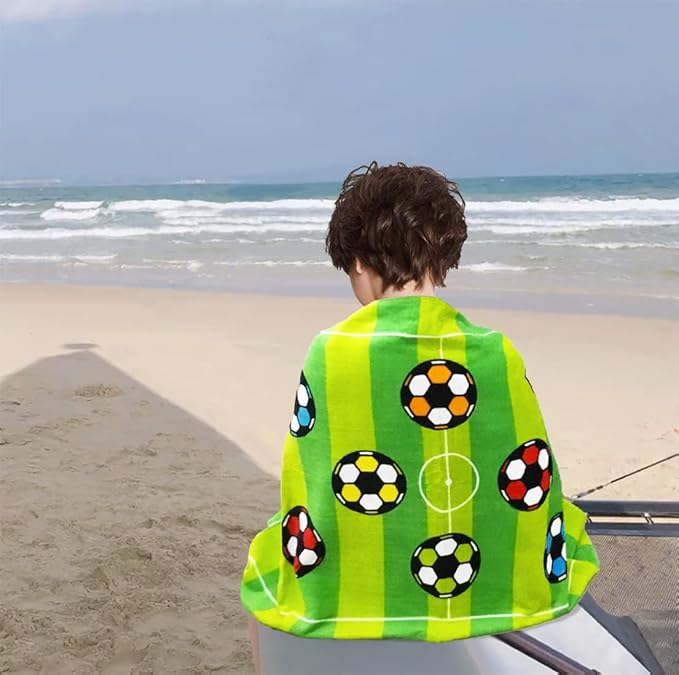 YIFONTIN Kids Beach Towel Super Soft Absorbent Throw Blanket 24X48 inch 100% Cotton for Kids Swimming Bath Camping, Soccer Green Stripes.