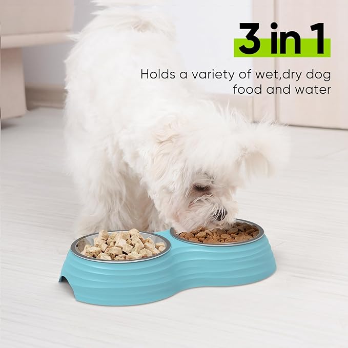 Stainless Steel Dog Bowls Set, Double Food & Water Bowls for Dogs, Dual Dog Food Bowl with 2 Medium (14oz*2) Bowl, Non-Slip Pet Bowls Suitable for Puppies, Cats and Medium Breed Dogs (Blue)