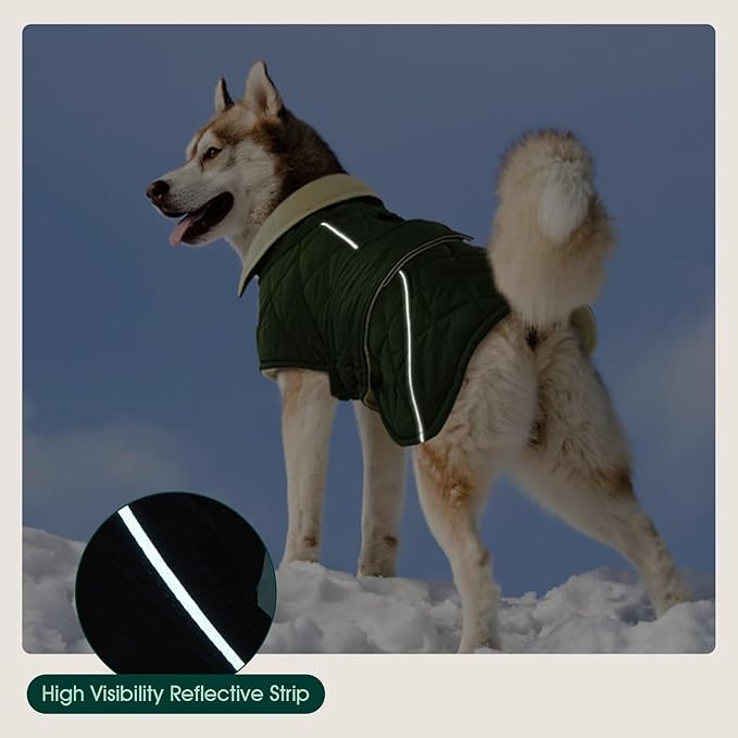 Kuoser Dog Coat, Super-Warm Dog Jacket Windproof Pet Cold Weather Coats for Extra Large Dogs, Fleece Lining Quilted Turtleneck Puppy Snowsuit Reflective Adjustable Doggie Winter Clothes, Green, 2XL