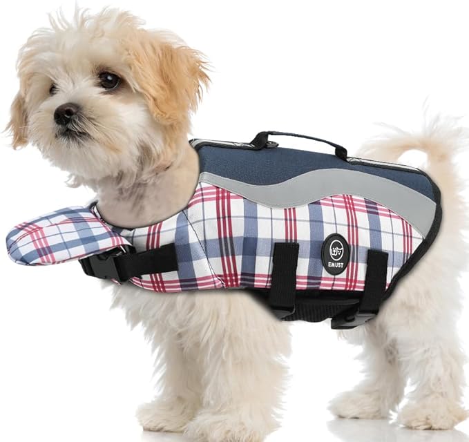 EMUST Dog Life Vests, Adjustable Dog Life Jackets for Small Dogs with Enhanced Buoyancy, Small Swim Vest with Durable Rescue Handle, Navy Check, XS