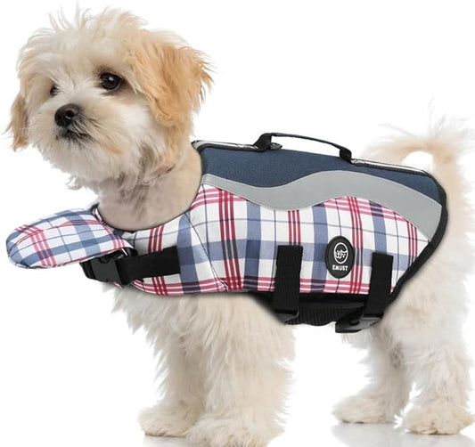 EMUST Dog Life Vests, Adjustable Dog Life Jackets for Small Dogs with Enhanced Buoyancy, Small Swim Vest with Durable Rescue Handle, Navy Check, XS