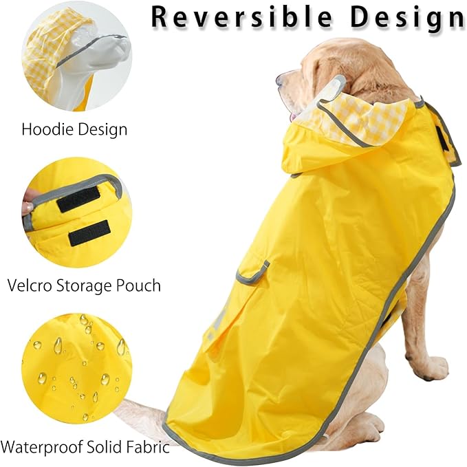 MAMORE Dog Raincoat Reversible,Waterproof Dog Rain Coat Hooded Slicker Poncho with Reflective Strip, Plaid Double Layer Rain Jacket for Small Medium Large Dogs (Yellow, XX-Large(55-77lb))