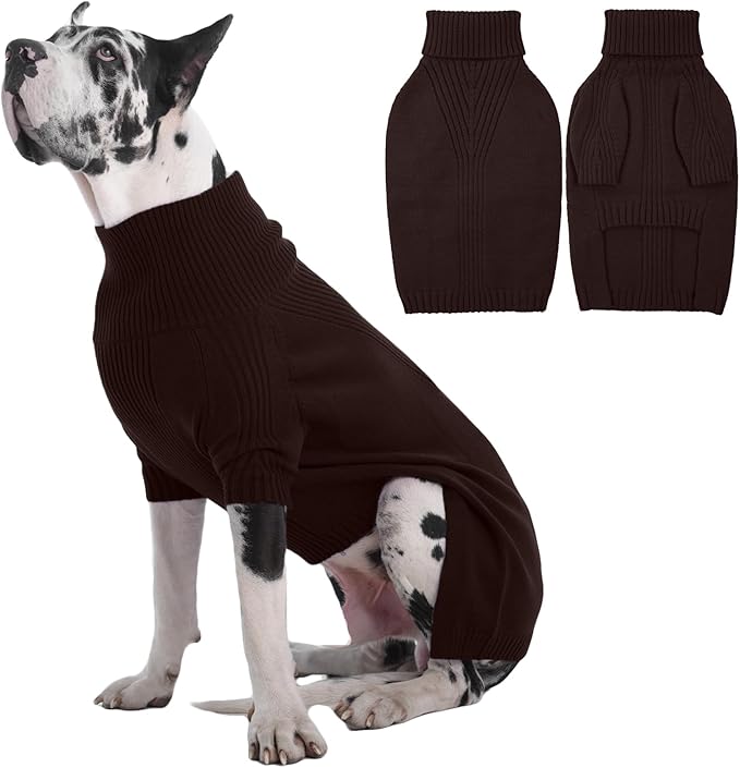 IECOii Great Dane Sweater,5XL Extra Large Sweater for Giant Breed Dogs in Winter,Turtleneck Cold Weather Knit Clothes,Machine Washable,Elastic Pullover for Saint Bernard,Mastiff (Brown,XXXXXL)