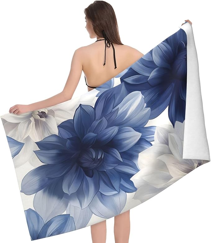 Blue Floral Beach Towel Dahlia Flower Sand-Free Microfiber Bath Towel Ultra Soft Quick Dry Pool Towel Absorbent Towel Lightweight Towel Gifts for Outdoor Bathroom Swimming Decor 31inx51in