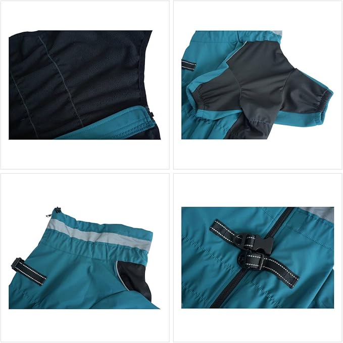 Winter Waterproof Dog Snowsuit – Full Body Outdoor Jacket with Leash Ring, Fleece Lining, Windproof Reflective 4-Leg Dog Coat for Small to Large Dogs Teal Blue 3XL