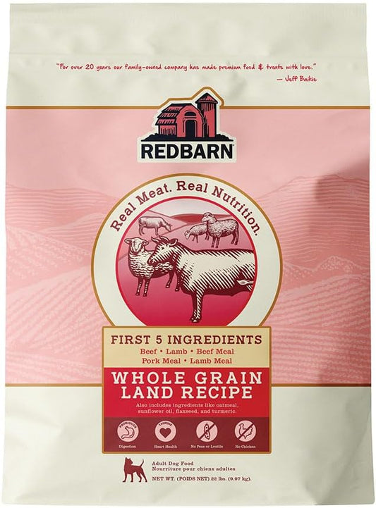 Redbarn Whole Grain Adult Dry Dog Food Kibble - Land Beef Recipe - Made in USA No Chicken Recipe with Functional Ingredients to Support Healthy Heart, Skin, Coat, Immunity & Digestion - 22lb