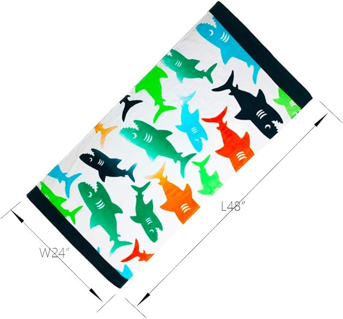 YIFONTIN Kids Beach Towel Super Soft Absorbent Cotton Velour Terry Blanket Throw 24"X48" for Bath Travel Camping Picnic Swimming Pool, Shark Group.