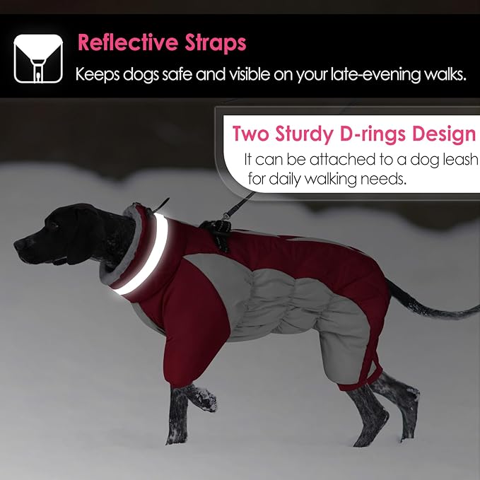 AOFITEE Fullbody Dog Coat Warm Fleece Dog Jacket, Windproof Dogs Winter Coat with Harness Built in, Reflective Turtleneck Dogs Snowsuit Puffer Jacket, Four Legged Pet Snow Suit, Christmas Red M