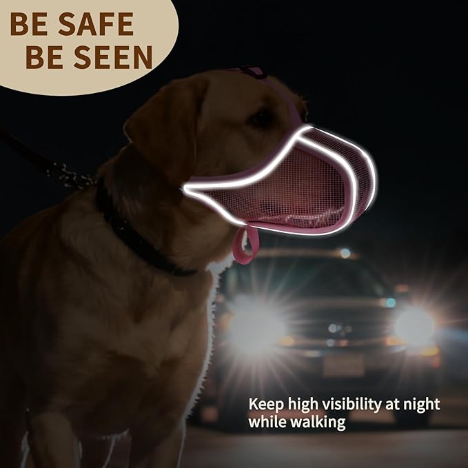 Mayerzon Dog Muzzle to Prevent Biting Scavenging Chewing, Soft Mesh Puppy Muzzles for Small Medium Sized Dogs, Breathable Reflective Adjustable Mouth Guard for Grooming Walking Training (Pink, M)