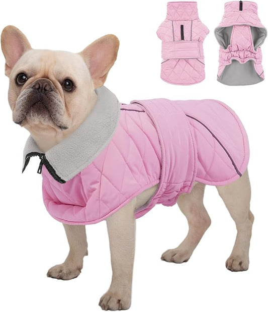 Kuoser Dog Coat Thermal Fleece Lined Dog Jacket, Adjustable Hook & Loop Dogs Coats for Medium Dogs Windproof Reflective Puppy Snow Jackets Pet Cold Weather Clothes with Harness Hole, Pink, M