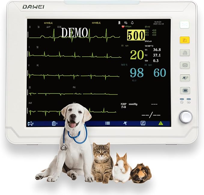 12.1" Veterinary Vital Signs Monitor for Pets, Animal ECG, SpO2, Blood Pressure, Respiration & Temperature Monitoring for Dog, Cat and Small Animals