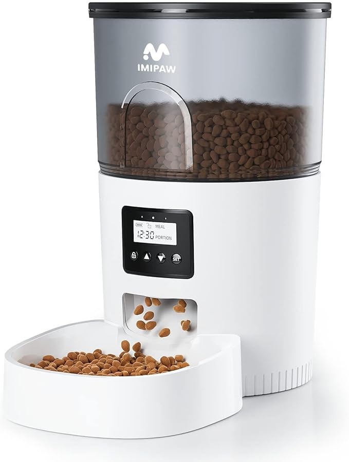 IMIPAW Automatic Cat Feeders, 3L Timed Cat Dry Food Dispenser with Desiccant Bags, Dual Power Supply, Programmable Portion Size, 6 Meals, 20 Portions Per Day, Auto Pet Feeder for Cats and Small Dogs