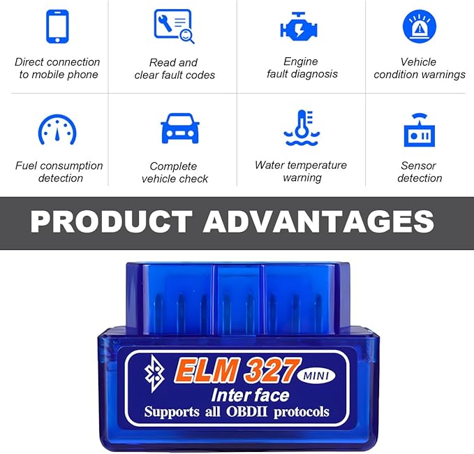 OBDII Car Auto Diagnostic Scanner, ELM327 Automotive Bluetooth Scan Tool and Code Reader, Professional Car Bluetooth Engine Fault Code Reader, Universal Car Accessories (1 PCS)