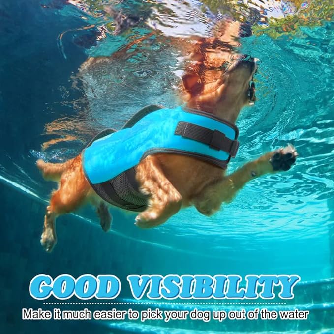 Dog Life Jacket for Large Dogs, Dog Life Vest for Swimming with Three Fashion Fabric Patches, Pet Swim Vest with Reflective Stripes and Two Rescue Handle, Dogs Flotation Vest, L