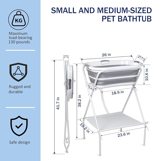 2 in 1 Elevated Dog Bath Tub & Foldable Washing Station with Stand, Portable Pet Bathtub for Small Medium Dogs & Cats, Raised Pet Shower Tub with Safety Collar & Drain Plug & Brushes