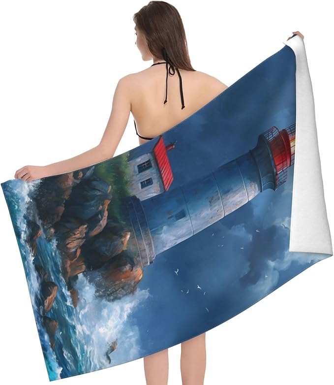 Coastal Lighthouse Beach Towel 31inx51in, Ocean Sand-Free Microfiber Bath Towel Ultra Soft Quick Dry Pool Towel Absorbent Towel Lightweight Towel for Swimming Bathroom Decor