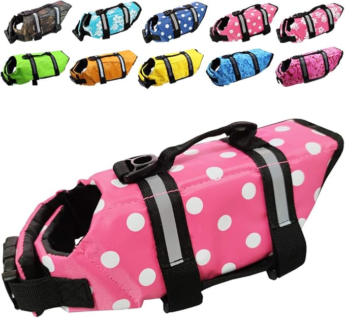 Dog Life Jacket Easy-Fit Adjustable Belt Pet Saver Swimming Safety Swimsuit Preserver with Reflective Stripes for Doggie (XS, Speckle and Pink)
