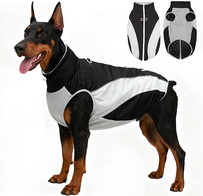 Dog Coats for Large Dogs with Harness Built in, Waterproof Dog Jacket Warm Pet Winter Coat Snowsuit for Cold Weather, Reflective Fleece Windproof Jacket, Black, U-LDMF03XXL