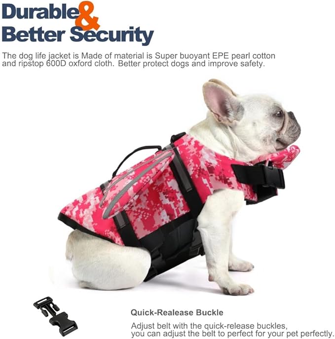 Dog Life Jacket, Wings Pet Life Vest for Swimming Boating Reflective Dog Flotation Swim Vest with Handle and Chin Float for Small Medium Large Size Dogs - Pink Camo, L