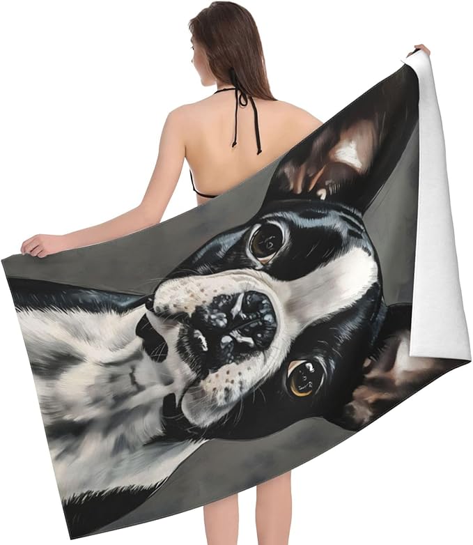 Boston Terrier Beach Towel Dog Sand-Free Microfiber Bath Towel Ultra Soft Quick Dry Pool Towel Absorbent Towel Lightweight Towel Gifts for Outdoor Bathroom Swimming Decor 31inx51in