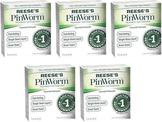 REESE'S PINWORM Medicine Liquid for Entire Family, Full Prescription Strength, 1 Oz, Pack of 5, #1 Doctor Recommended Single Dose Pyrantel Pamoate Dewormer for Adults & Kids Ages 2+, Banana Flavor