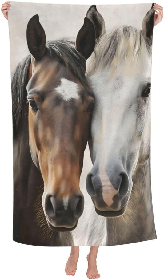 Horse Lovers Beach Towel, 51inx51in, Brown and White, 100% Cotton, Quick Dry, Absorbent, Lightweight, Portable, Fashionable