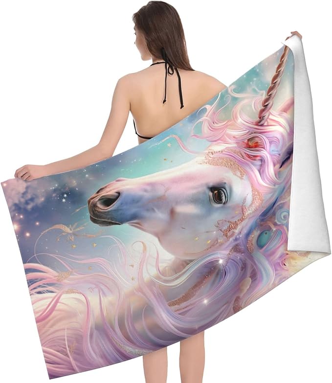 Unicorn Beach Towel 31inx51in, Cute Sand-Free Microfiber Bath Towel Ultra Soft Quick Dry Pool Towel Absorbent Towel Lightweight Towel for Swimming Bathroom Decor