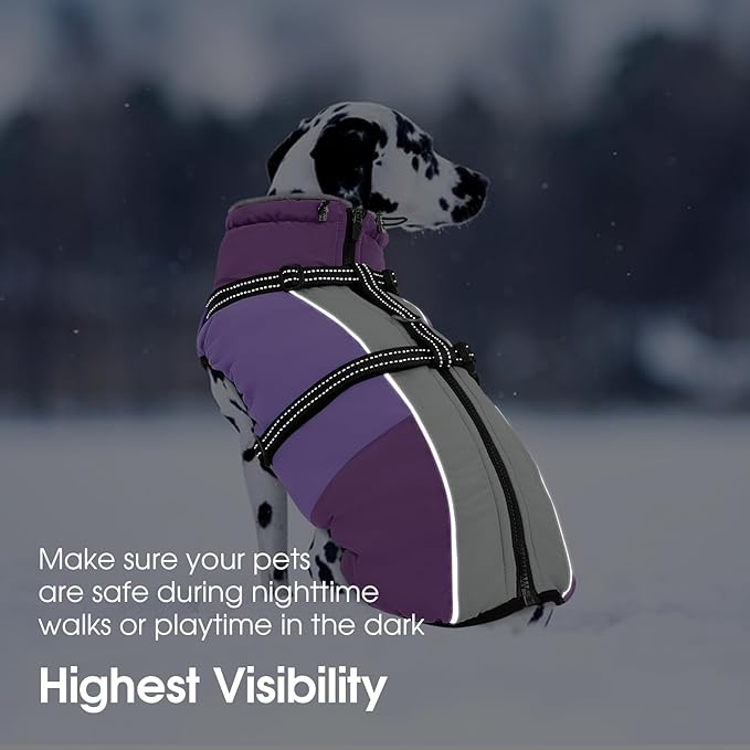 SUNFURA Dog Coat, Dog Jacket for Large Dogs with Harness Built in, Warm Pet Winter Coat Zip Up Snow Jacket with Furry Collar for Boston Terrier, French Bulldogs, Purple L