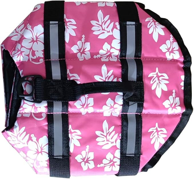 Dog Life Jacket Easy-Fit Adjustable Belt Pet Saver Swimming Safety Swimsuit Preserver with Reflective Stripes for Doggie (M, Flowers and Pink)