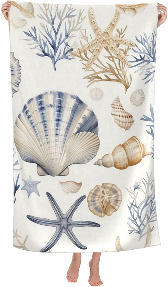 Seashell Starfish Beach Towel,32x52in Microfiber Quick Dry Coastal Ocean Coral Shells Bath Towels,Soft Lightweight Oversized Sand Free,for Travel Pool Swimming Gym Decor,Gifts
