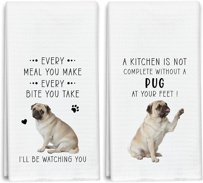 Funny Pug Dish Towels for Kitchen Sets of 2, Gifts for Pug Dog Lover, Drying Cloth Tea Towel Hand Towels for Cooking Baking Bathroom Decor, 16 x 24 Inch -22