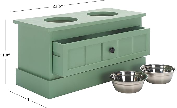 SAFAVIEH Home Collection Boomer Sage Green Elevated Pet Feeder Dog Bowl Stand with Drawer (Fully Assembled)