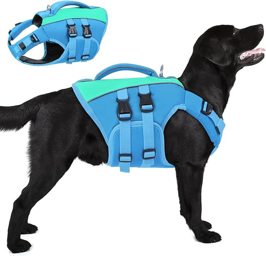 Queenmore Dog Life Jacket,Life Vest for Extra Large Dogs,Adjustable Reflective Dog Swimming Vest,Superior Buoyancy Dog Lifesaver,High Floating Pet Life Vest for Swimming(Blue,2XL)
