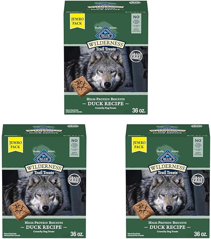 Blue Buffalo Wilderness Trail Treats High Protein Grain Free Dog Biscuits Crunchy Dog Treats, Duck Recipe, 36-oz Box (Pack of 3)