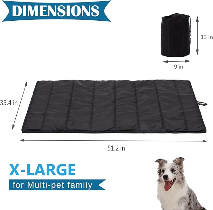 BDEUS Travel Dog Bed, Outdooor Camping Pet Mat, Portable Place Mat with Handle, Easy to Clean, Waterproof & Portable and Odor Resistant Pet Cooling Pad (X-Large 51" x 35", Black)