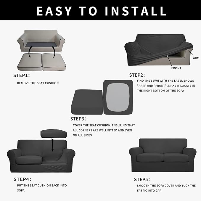 Easy-Going 100% Dual Waterproof 3 Pieces Loveseat Cover Stretch Soft Couch Cover for Dogs, Sofa Slipcover for 2 Separate Cushion Couch Leakproof Furniture Protector for Kids, Pets Dark Gray