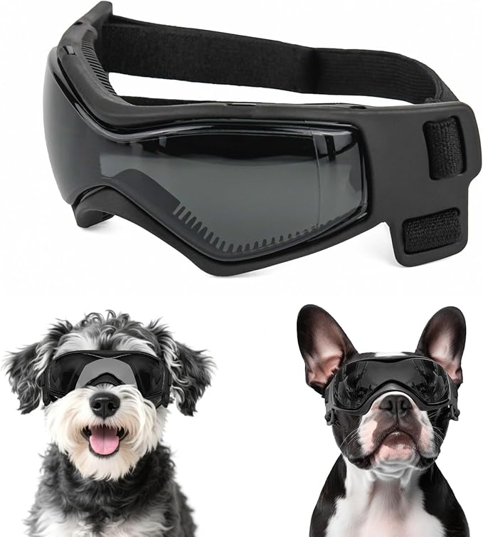 NAMSAN Dog Goggles Small Breed, UV Protection Doggie Sunglasses for Small to Medium Dogs, Soft Puppy Eye Protection, Anti-Fog Anti-Dust Windproof Snowproof, Adjustable Straps, Black