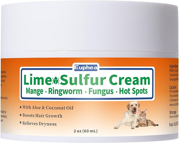 Lime Sulfur Cream, Mange Treatment Dogs & Cats, Ringworm Treatment for Cats, Soothes Itchy, Dry, Inflamed Skin, Promotes Hair Regrowth, Low Odor, No Rinse Needed, 2oz