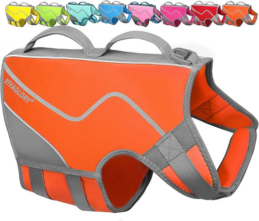 VIVAGLORY Neoprene Dog Life Vest, Dog Life Jacket for Swimming & Boating, Lightweight & Buoyancy for Puppy Doggy, Swimming Vest with Handle, L, Orange