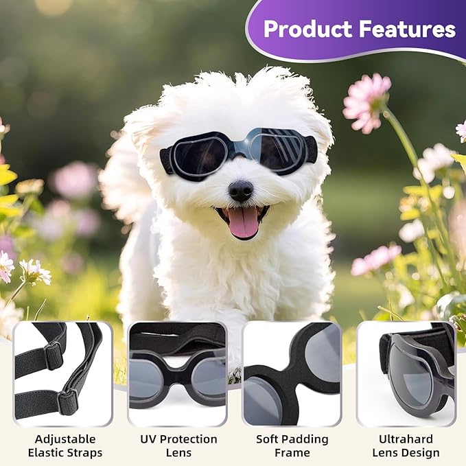 ENJOYING Dog Sunglasses Small Breed, Anti-UV Puppy Goggles for Small Dogs, Windproof Outdoor Dog Eye Protection for Driving Biking, Adjustable Head Straps, Cool Black