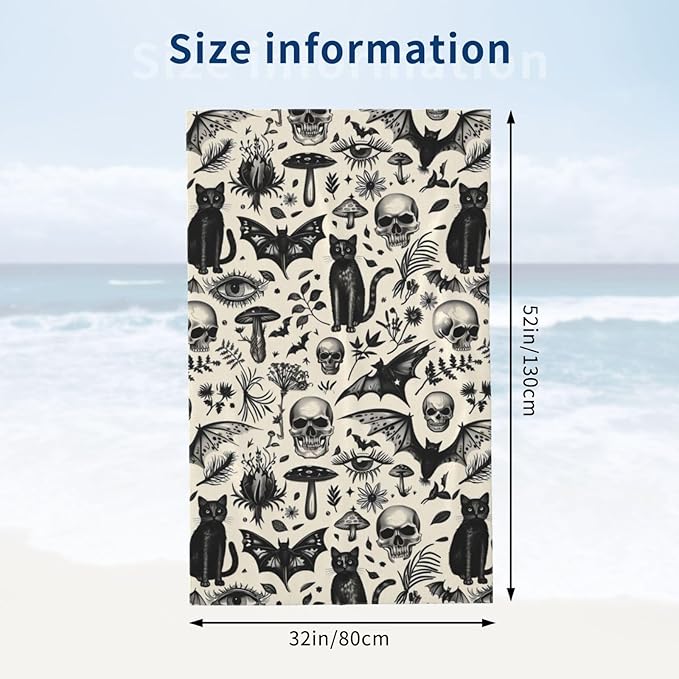 Gothic Retro Beach Towel,32x52in Microfiber Quick Dry Black Cat Skull Bat Mushroom Vintage Goth Bath Towels,Soft Lightweight Oversized Sand Free,for Travel Pool Swimming Decor