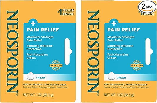Neosporin + Maximum-Strength Pain Relief Dual Action Cream, First Aid Topical Antibiotic & Analgesic for Wound Care of Minor Cuts, Scrapes & Burns, Polymyxin B & Pramoxine HCl, 1 oz, 2 Pack