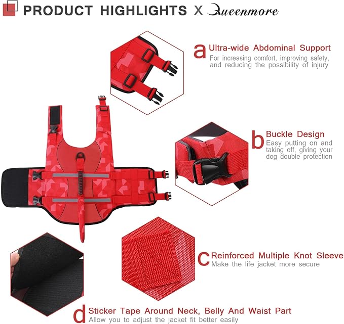 Queenmore Shark Dog Life Jacket, LifeVests for Boating, High Buoyant Dog Life Vest for Swimming, Adjustable Easy On Pet Jackets for Small, Medium, Large Dogs (Red Triangle,L)