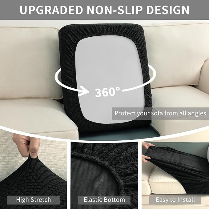 Easy-Going Waterproof Couch Cushion Covers for Couches and Sofas, Stretch Jacquard Sofa Seat Cover Replacement for Dogs, Pets & Kids, Durable Furniture Protector for Loveseat Cushions, Black