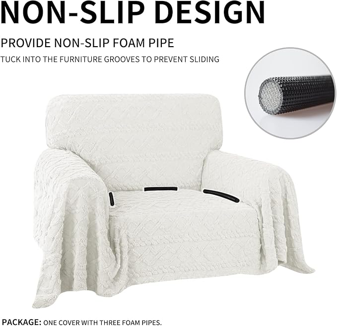 Easy-Going 80X102 inches Chair Sofa Cover, Jacquard Velvet Couch Slipcover for 1 Cushion Couch, L Shape Sectional Covers for Dogs, Washable Sofa Blanket, Furniture Protector for Pets, Ivory